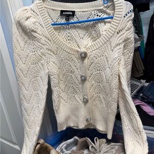 Express Cream Pointelle Knit Button Cardigan